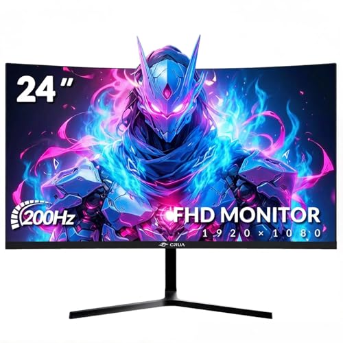 CRUA 24 Zoll Curved Gaming-Monitor 200 Hz|165 Hz|144 HZ|1080P|PC Monitor Computer 100% sRGB-Farbumfang kompatibel FreeSync G-sync|Rahmenlos|HDMI|DisplayPort,VESA-