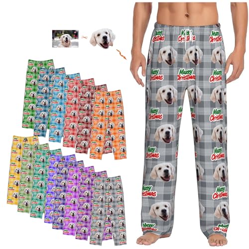 Personalized Christmas Mens Pajama Pants with Photo, Customized Xmas Pajama Pants Bottoms Sleepwear Gifts for Men Boyfriend Dog Cat Face