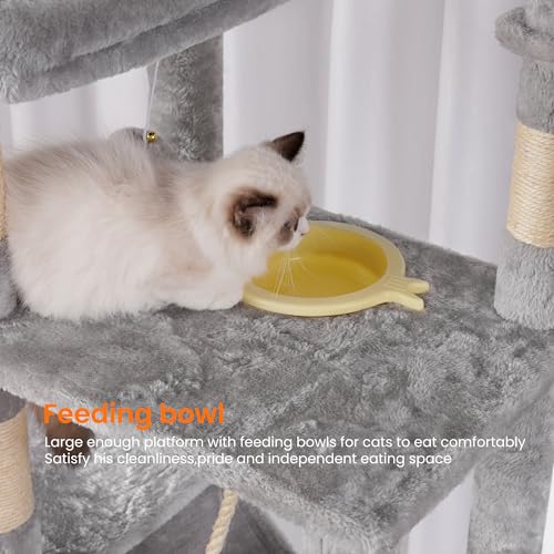 Image of Heybly Tall Cat Tree 78-inch Multi-Level Cat Tower for Indoor Cats HCT033W | Cat Condo with 2 Widened Plush Perches, Multi-Level Cat Furniture with Scratching Board, Big Caves, Light Gray