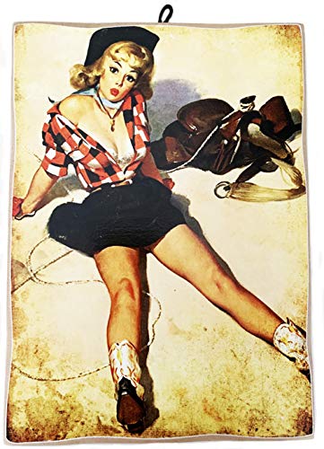 KUSTOM ART Quadro Quadretto Stile Vintage Pin Up Cowgirl da Collezione Stampa su Legno