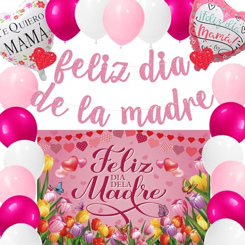Feliz Dia De La Madre Decorations Feliz Dia De La Madre Banner Feliz Dia Mama Backdrop Pink Balloons for Spanish Mothers Day Party Decorations