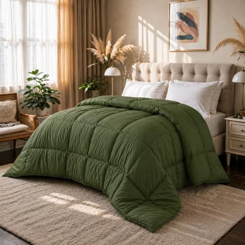 Image of Luxury Hotel Collection Cotton Comforter | All-Season Lightweight Quilt for Hot Sleepers | Plush, Breathable & Box-Stitched (Queen) Olive