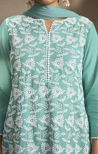 Image of DRESOUL Women Pure Cotton Schiffli Embroidered Kurta Set and Dupatta