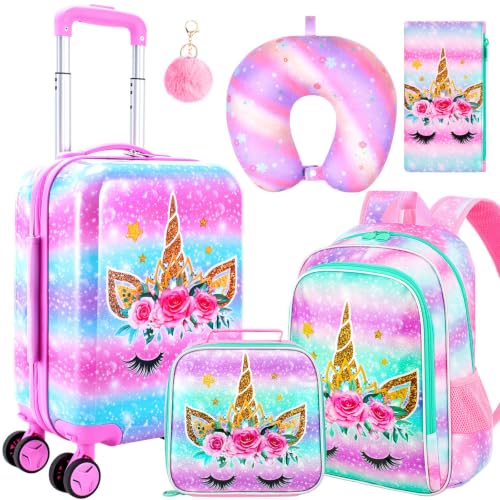 Image of CCJPX 5Pcs Kids Luggage for Girls, 16 inch Travel Suitcase Set with Spinner Wheels, Unicorn Hardside Carry on Toddler Rolling Suitcase Airline Approved (Pink)