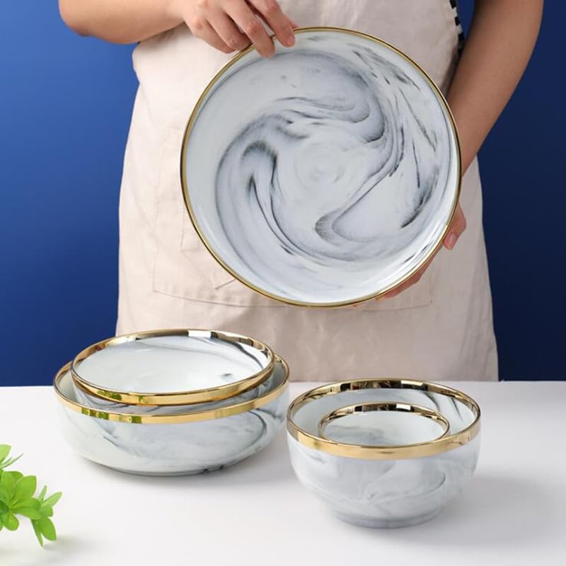 Vajilla de cerámica Bandeja de cena de porcelana con diseño de mármol gris con borde dorado de doble cara, platos de cocina, platos de comida de cerámica, tazón de fideos para ensalada de arroz ( Colo