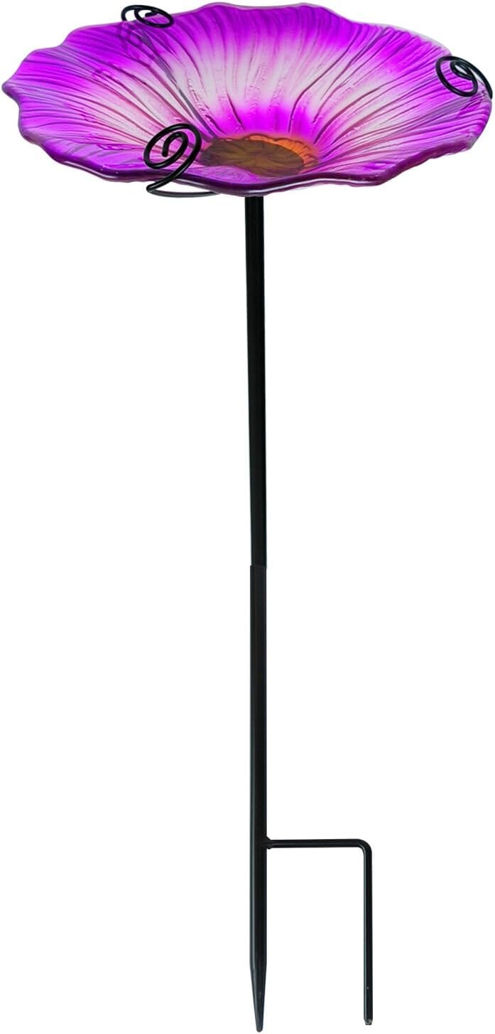 Surakey Bird Feeder Flower Bird Food Container Lawn Flower Glass Bowl Bird Feeder Iron Bird Feeding Organizer Tool for Courtyard Lawn Yard Garden Park and Zoo Outdoor Decoration (Purple)