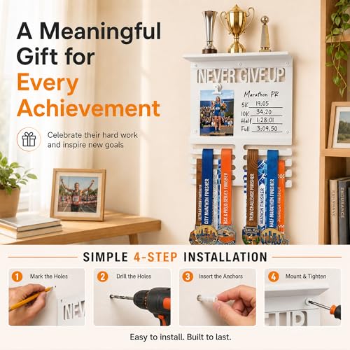 Image of Running Medal Hanger Display with Trophy Shelf, Never Give Up Race Medal Display with Photo or Race Bib Holder, Writable Goal Area, Wall Mounted, White