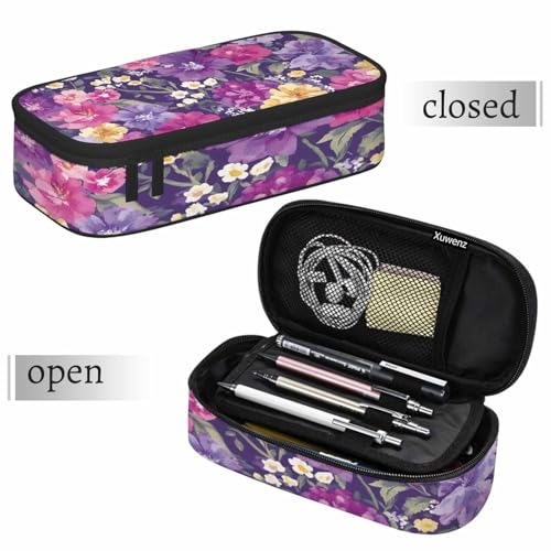Image of Purple Flowers Pencil Bag Blooming Buds Yellow Blue White Big Capacity Pencil Case Pencil Pouch Pen Bag School Students Boy Girl