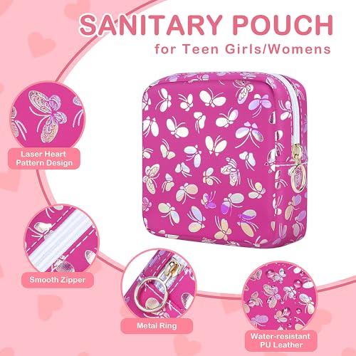 Image of Likesing Tampon Holder for Purse, Leather Sanitary Napkin Storage Bag Period Bag Gift for Girls Women, Portable Sanitary Napkin Period Pad Pouch Tampon Bags for Purse(Rose red Butterfly)