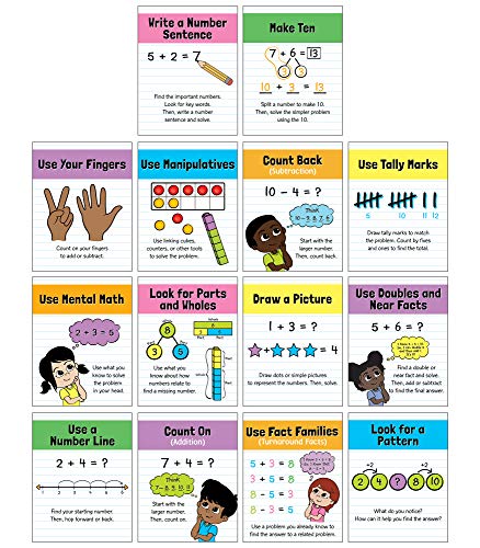 Carson Dellosa 14-Piece Mathematics Strategy Posters, 8.5' x 11' Wall Art Ten Frame, Counting, Number Line, Math Manipulatives, Facts, and More Strategies, Classroom Decor and Teacher Supplies