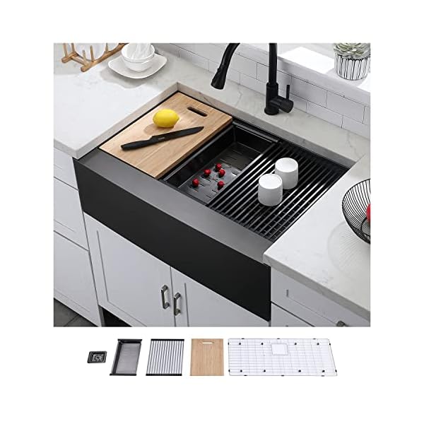 Hotis 33 Inch Kitchen Sink, Black Farmhouse Sink, Flat Apron-Front Undermount Drop In Farm Sink, Stainless Steel Single Bowl Farmhouse Kitchen Sink, Workstation Kitchen Sink With Accessories
