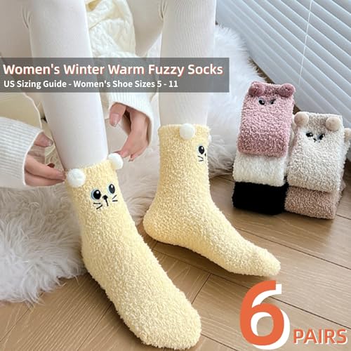 Fuzzy Socks 6 Pairs Womens Winter Warm Cute Cat Thick Home Socks Fluffy Socks Cozy Crew Thermal Cabin Floor Socks2