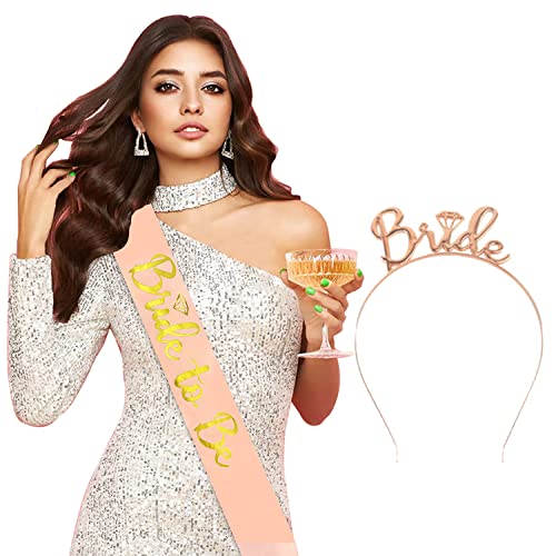 Image of AMFIN (Pack of 2) Bride to Be Sash and Bride Hairband Combo Set for Bachelor Parties Bride to be Props for Wedding Bride to be Decorations - Rose Gold