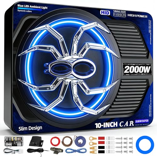 Image of 2000W 10 Inch Underseat Car Subwoofer and Amp Package, Slim Powered Under Seat Sub with Built-in Class D Amp and DSP, Blue LED Switch, Low Pass Filter, Bass Boost for Truck SUV