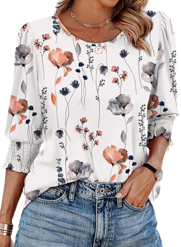 Image of XIEERDUO Blouses for Women Dressy Casual 3 /4 Length Sleeve Womens Tops with Smocked Cuffs