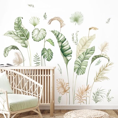 Supzone Wandtattoo Boho Tropenblätter Wandaufkleber Grüne Pflanzen Palmblätter Wandsticker für Wohnzimmer Schlafzimmer Büro Sofa TV Hintergrund Wanddeko