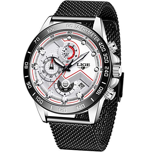 LIGE Men Watches Elegant Waterproof Black White Analog Quartz Stainless Steel Wrist Watches for Men Military Chronograph Sports Multifunction Mesh Band Watch
