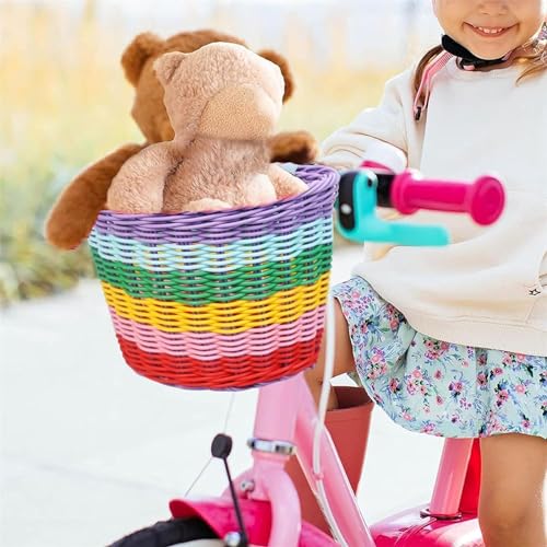Denxahao Fahrradkorb Kinder Vorne Laufrad Korb Fahrradkörbchen mit Lederriemen, Korb Kinderfahrrad Fahrradkorb Geflochten für Mädchen und Kinder Vorne Kinderfahrradzubehör (#Bunt)