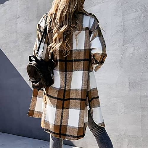 Fashion Shacket Jacket Women Long Sleeve Open Front Cardigan Plaid Printing Blouse Woolen Coat Fall Outerwear Tops4