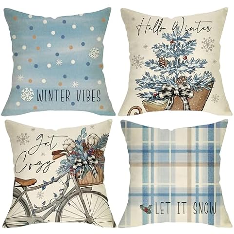 Fjfz Hello Winter Vibes Bike Decorative Throw Pillow Covers 16 x 16 Set of 4, Get Cozy Bicycle Christmas Tree Porch Outdoor Home Decor, Let It Snow Blue Plaid Polka Dot Farmhouse Couch Cushion Case Cover