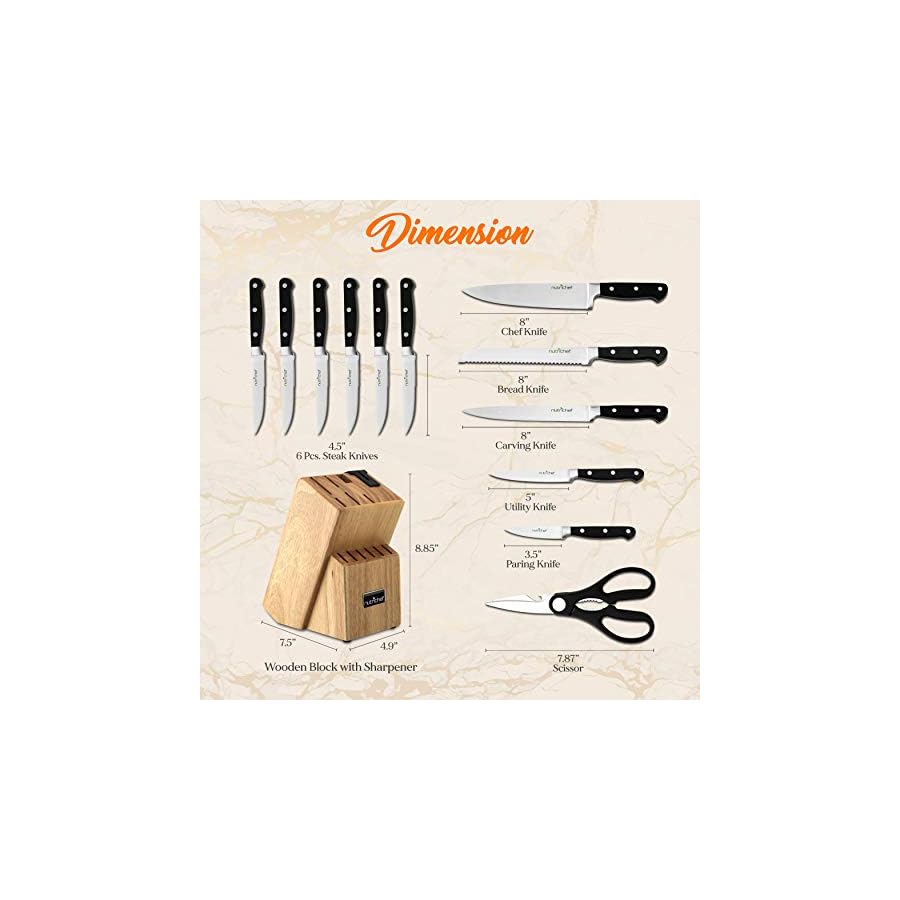 Kitchen-Knife-Set NutriChef 13-Piece Kitchen Knife Set with Wooden Block - Precision Crafted Stainless Steel Knives with Scissors & Built-In Sharpener - Lightweight, Durable, & Razor Sharp - Dishwasher Safe (NCKNS13)