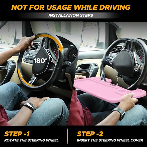 Image of EcoNour 2 in 1 Car Steering Wheel Desk | Steering Wheel Tray for Laptop and Food | Pink Table Tray for Eating with Drinks Holder | Car Accessories
