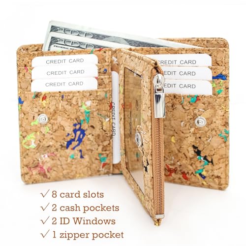 Image of Eco Cork Friendly RFID Blocking Wallet Bi-fold Card Holder Vertical Wallet With Zippered Coin Purse & ID Window