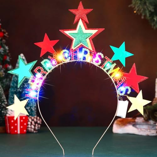 Reaky - Diadema navideño con luces, estrella plateada, diadema con diamantes de imitación, Navidad, accesorio para el pelo, Año Nuevo, para mujer (Rojo, talla única)