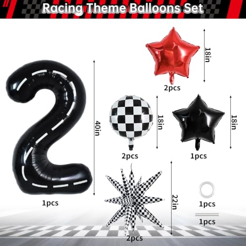 Image of TONIFUL Race Car Party Balloons Set - 40 Inch Racetrack Number 2 Foil Balloon with Checkered & Star Balloons for Boys 2nd Birthday Car Themed Decorations, Baby Shower Photo Backdrop Supplies