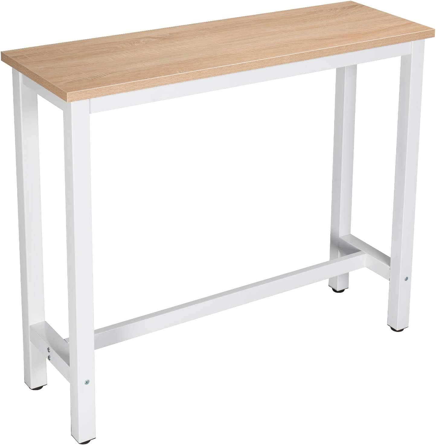 Indian Decor. 45128 Kitchen Bar Table Breakfast Dining Table Light Oak Coffee Table Party Table Metal in White Frame with Footrest, 55x40x70cm Made in India.-image-17