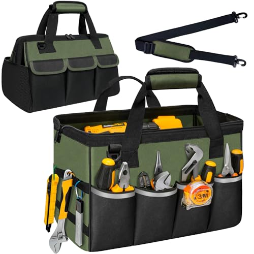 NECKORY Tool Bag, Portable Tool Box Organizer Adjustable Shoulder Strap, Carry Tool Tote Heavy Duty Tool Storage Bag With Wide Mouth,Tool Bags for Men Mechanic EngineerGift - L, Army Green & Black by NECKORY - Used condition - CA$41.39