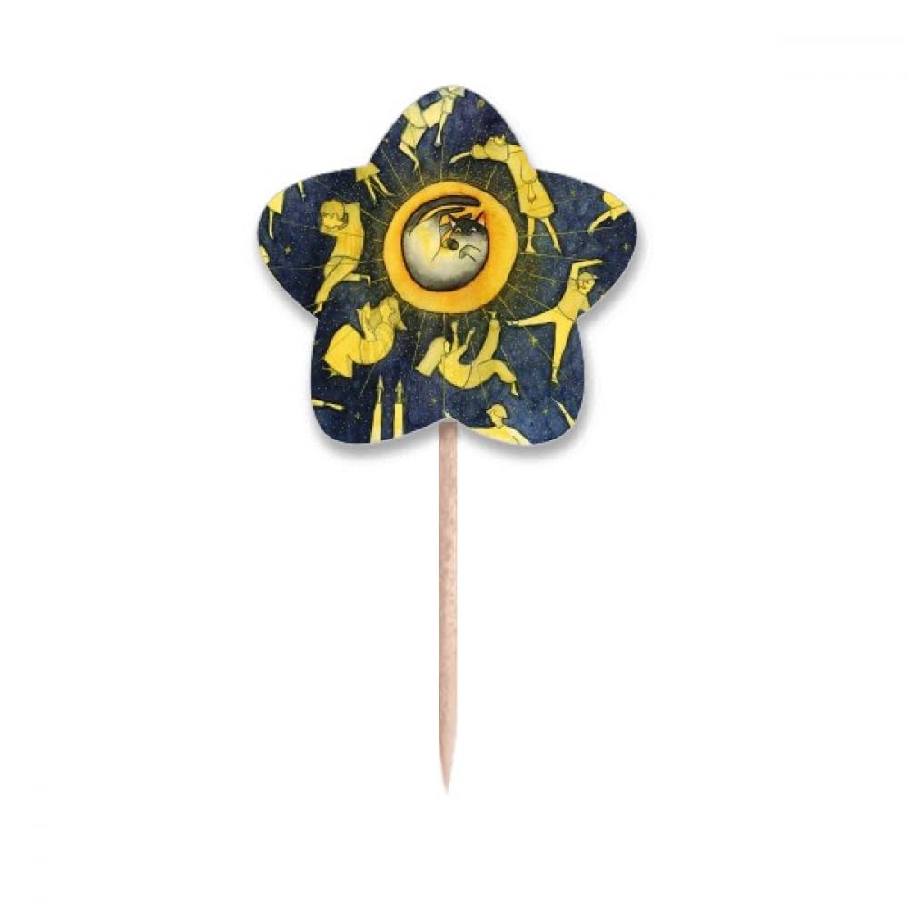 Peinture Aquarelle Chat Lune Cupcake Picks Étoile : Drapeaux Cure-dents Miaoji