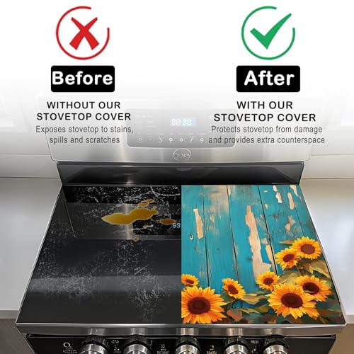 Image of Nuxovilar Wood Sunflower Stove Cover Diatom Mud 28.35x20.47 In | Glass Protector Countertop Mat Counter Saver Cooktop Cover Kitchen Cooking Area Home Decor (Rustic Blue Wood)