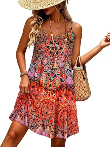 Image of Womens Spaghetti Strap Dress Summer Dresses Beach Pocket Casual Sundresses | 2026 Adjustable Spaghetti Straps Casual Beach Dress,Boho Sundress with Pockets ,Fashion V Neck Outfits,Beach Cover Ups