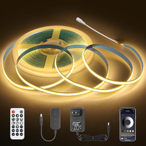 Image of Aclorol 32.8FT COB LED Strip Light Warm White 3000K 24V Dimmable LED Flexible Strip Light with Power Supply and Remote Dotless Tape Lights for Bedroom Living Room Furniture Lighting 8mm Width CRI85+