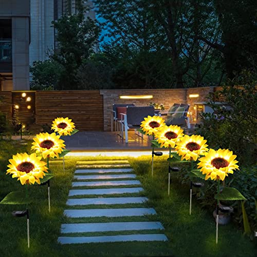 Image of Solar Outdoor Lights for Garden Decor, 2 Pack Waterproof Solar Powered Flowers Stake Lighting for Outdoor Decor, Sunflowers LED Light for Outside Garden Patio Pathway Yard Backyard Porch Lawn