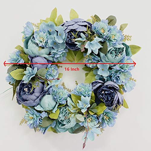 Yokoke Blue And Purple Summer Door Flower Wreath 16 Inch Handmade Vintage Artificial Flowers Garland Front Door Wreath Beautiful Silk Hydrangea (Blue) #TOP1
