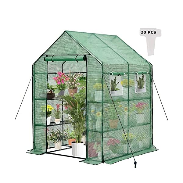 Purlyu Walk-in Greenhouse for Outdoors, Thickened PE Cover & Heavy Duty Powder-Coated Steel, Mesh Door & Screen Windows, 10 Sturdy Shelves, 20 Pcs T-Type Plant Tags 4.7x4.7x6.4 FT, (GHW002G)