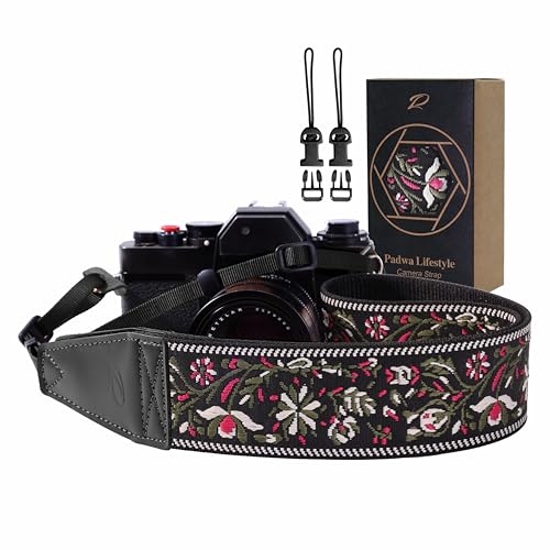 Image of Padwa Lifestyle Camera Strap - 2 inch Full Grain Leather Ends Camera Straps for Photographers, Vintage Embroidered Cotton Weave Soft Strap Quick Release fits All Cameras