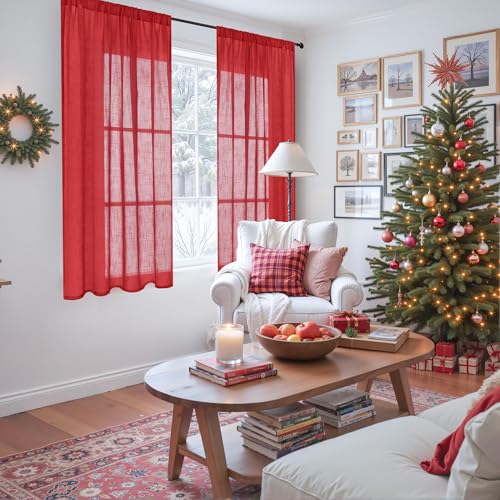 Image of BGment Red Linen Curtains 54 Inch Length for Bedroom Window, Semi Sheer Drapes Lightweight Rustic Textured for Living Room Farmhouse with Rod Pocket, 2 Panels Set, Each 42 Inch Wide