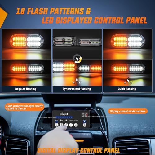 Image of Nilight 8PCS LED Strobe lights 12V 24V Sync Feature with Controller | Amber White 12LED 24LED Emergency Hazard Warning Lights Grill Installation for Cars Trucks RVs Campers Trailers