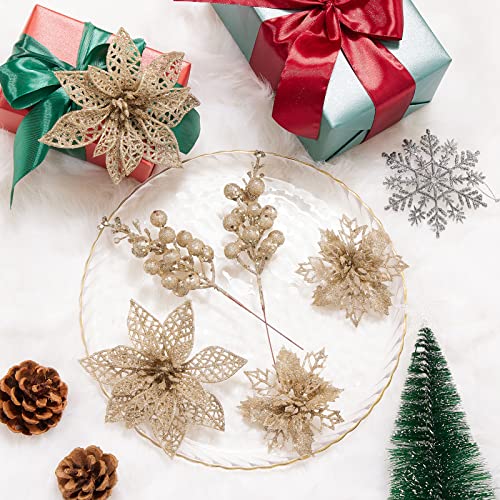 Kit de 22 peças de flores artificiais de poinsétia de Natal e hastes de bagas com glitter, 16 peças