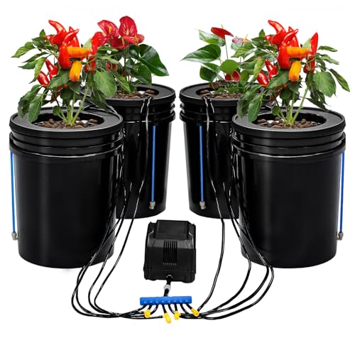 Hydroponics Growing System Kit with Top Drip 5 Gallon 4-Bucket Recirculating DWC Hydroponic System Kit Not Easy to Leak for Growing Plants Indoors and Outdoors (4-Bucket+Top Drip)