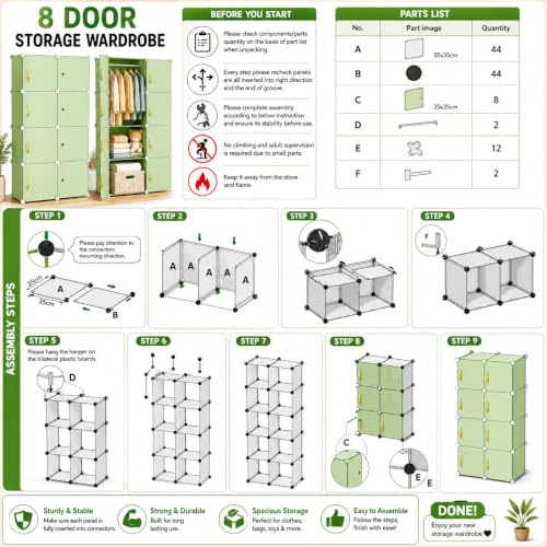 Image of Mevigo Foldable Plastic Wardrobe for Clothes - 6+2 Door Baby Cupboard for Clothes Storage, Wardrobe for Kids, Plastic Almirah, Collapsible Wardrobe for Kids Livingroom & Home -Green-Z4