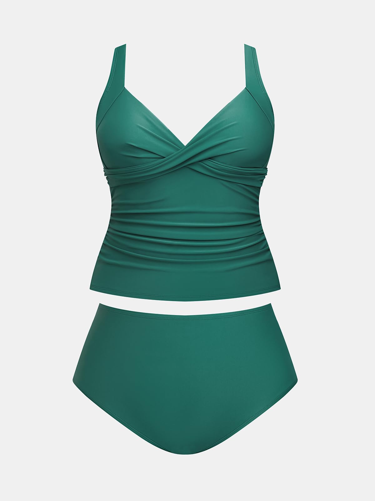CUPSHE Conjunto de tankini para mujer, talla grande, cuello en V, fruncido, de dos piezas, tirantes ajustables, tiro medio