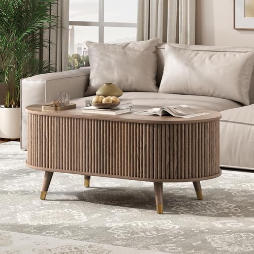 Image of JOINICE Oval Lift Top Coffee Table with Storage for Living Room,43 inch,Walnut | Large Hidden Storage,Mid Century Fluted Panel,Pop Up Center Table with Wooden Legs,Lifts to 22.4 inch,Holds 88lbs,Easy Assembly