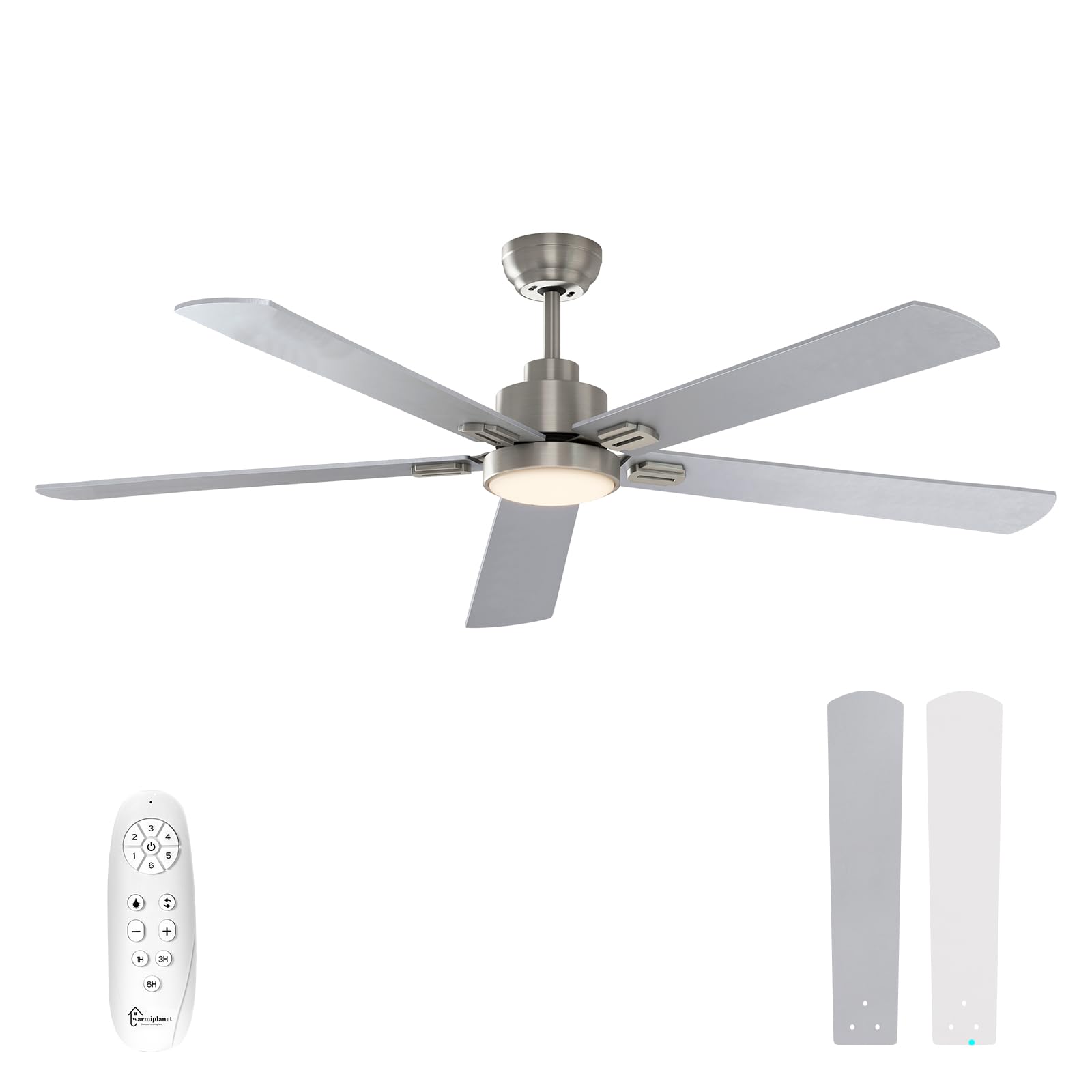 warmiplanet 62 Inch Indoor Ceiling Fans with Lights and Remote Control, DC Slient Motor, Dimmable, Reversible, Timmer, 3 CCT, Brushed Nickel