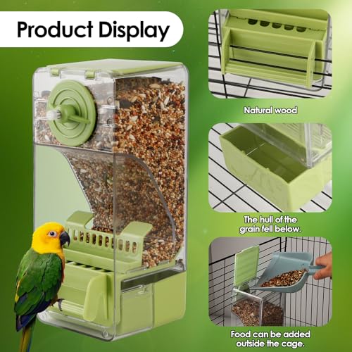 Image of Bird Feeder No Mess 2PCS Automatic Clear Bird Seed Food Container Acrylic Parrot Feeder Dispenser Cage Accessories for Parakeet Budgies Cockatoo Canary Love Bird (Green)