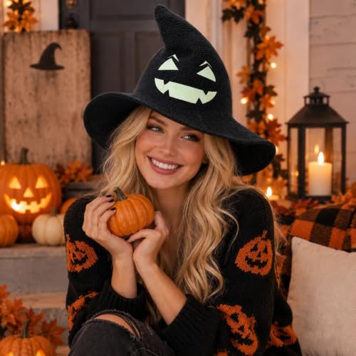 Witch Hat for Women Halloween Knitted Face Print Costume Hat Black - image 4