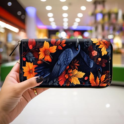 Wallet,Leather Long Wallet Suitable For Ladies And Teenagers - Detachable Wristband + RFID Travel Wallet With Card Slot - Autumn Crows and Flowers4